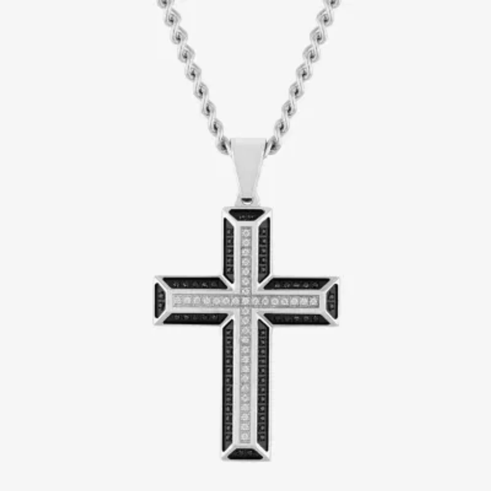 Mens 1/2 CT. T.W. Black Diamond Stainless Steel Cross 24 Inch Pendant Necklace