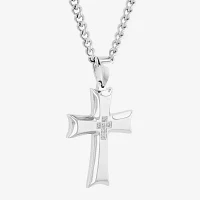 Mens Diamond Accent Natural White Diamond Stainless Steel Cross Pendant Necklace