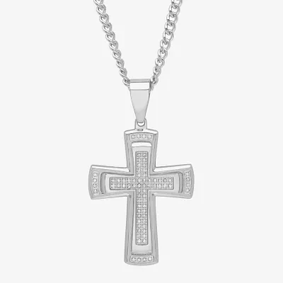 Mens 3/8 CT. T.W. Natural White Diamond Stainless Steel Cross Pendant Necklace