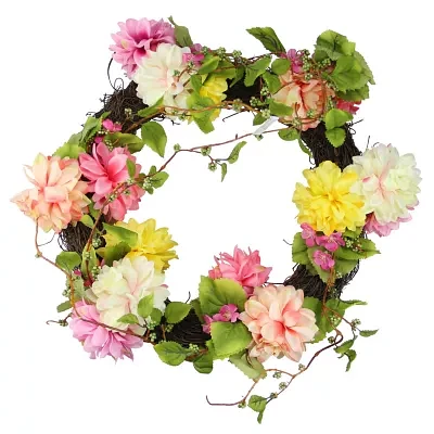 Mums and Wild Blossoms Artificial Floral Wreath  Pink 22-Inch