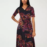 MSK Womens Short Sleeve Floral Midi Fit + Flare Dress Petite