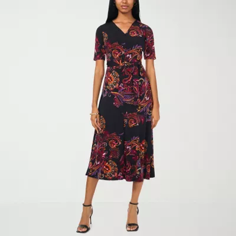 MSK Womens Short Sleeve Floral Midi Fit + Flare Dress Petite