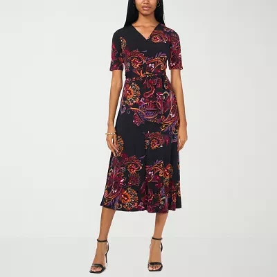 MSK Womens Short Sleeve Floral Midi Fit + Flare Dress Petite