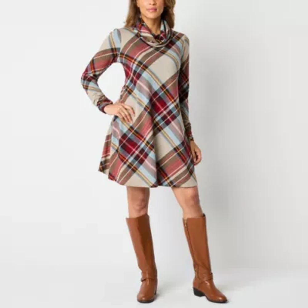 R & K Originals Womens Long Sleeve Plaid Shift Dress Petite