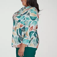 Alfred Dunner Plus Emerald Isle Womens 3/4 Sleeve Regular Fit Button-Down Shirt