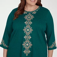 Alfred Dunner Plus Emerald Isle Womens Crew Neck 3/4 Sleeve Embroidered Blouse