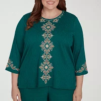 Alfred Dunner Plus Emerald Isle Womens Crew Neck 3/4 Sleeve Embroidered Blouse