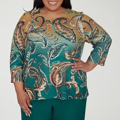 Alfred Dunner Emerald Isle Womens Plus Crew Neck 3/4 Sleeve T-Shirt