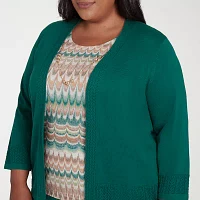 Alfred Dunner Emerald Isle Womens Round Neck 3/4 Sleeve Layered Sweaters Plus