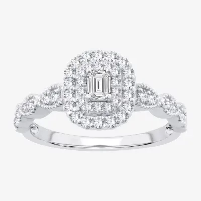 Signature By Modern Bride Womens 1/2 CT. T.W. Natural White Diamond 10K Gold Side Stone Halo Engagement Ring