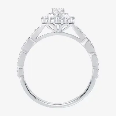 Signature By Modern Bride Womens 1/2 CT.T.W. Natural Diamond 10K or 14K White Gold Pear Side Stone Halo Engagement Ring