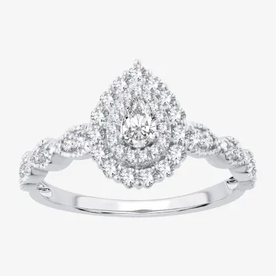 Signature By Modern Bride Womens 1/2 CT.T.W. Natural Diamond 10K or 14K White Gold Pear Side Stone Halo Engagement Ring