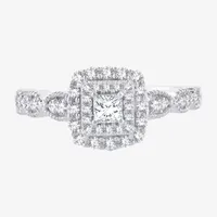 Signature By Modern Bride Womens /2 CT. T.W. Natural White Diamond 10K Gold Cushion Side Stone Halo Engagement Ring