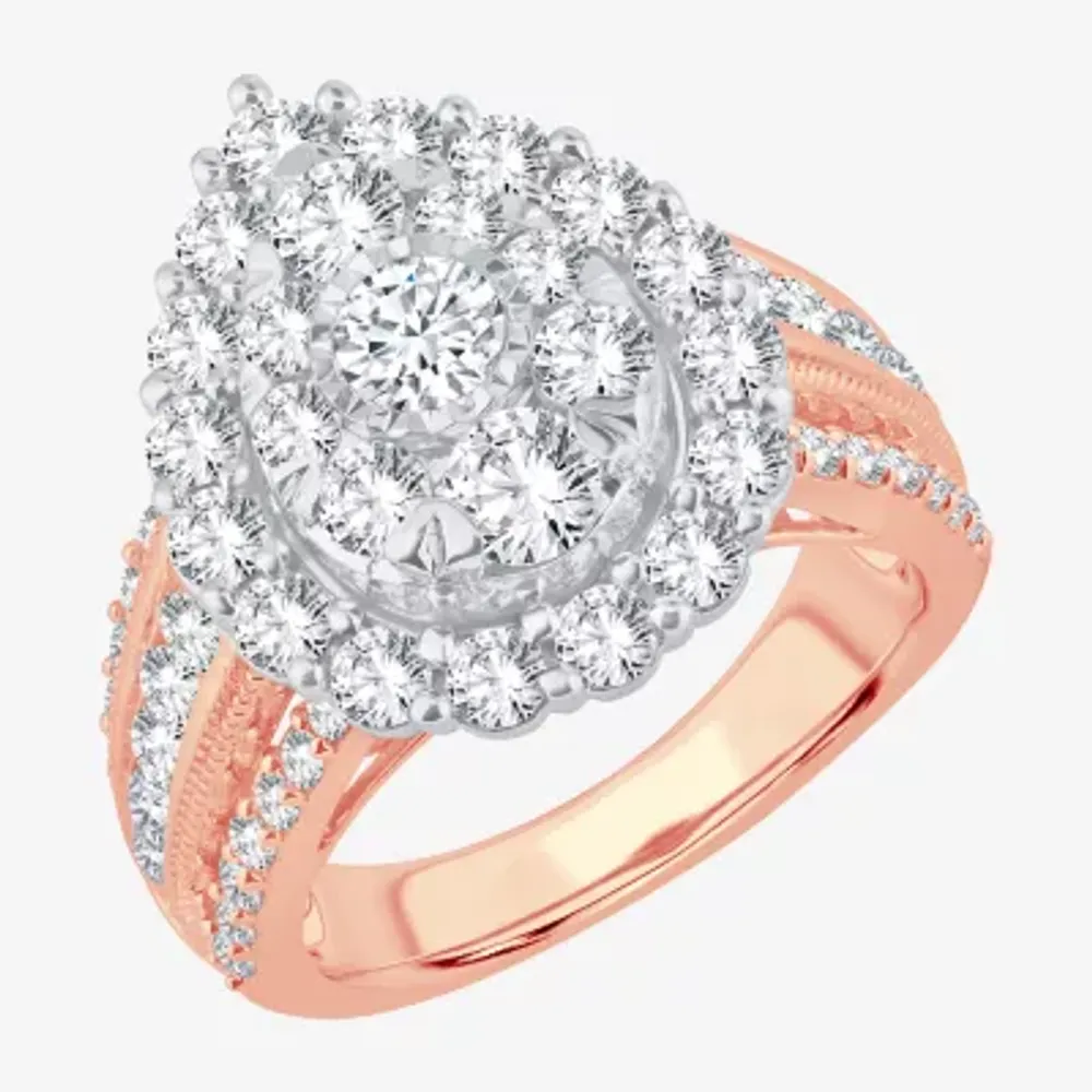 (I / Si1-Si2) Womens 3 CT. T.W. Lab Grown White Diamond 10K Gold Pear Side Stone Halo Engagement Ring