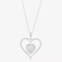 Womens Diamond Accent Lab Created White Opal Sterling Silver Heart Pendant Necklace