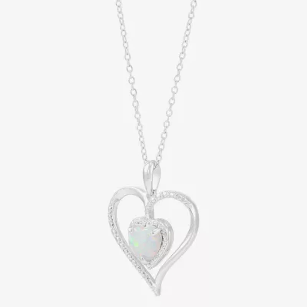 Womens Diamond Accent Lab Created White Opal Sterling Silver Heart Pendant Necklace