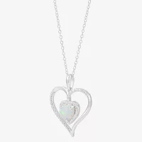 Womens Diamond Accent Lab Created White Opal Sterling Silver Heart Pendant Necklace