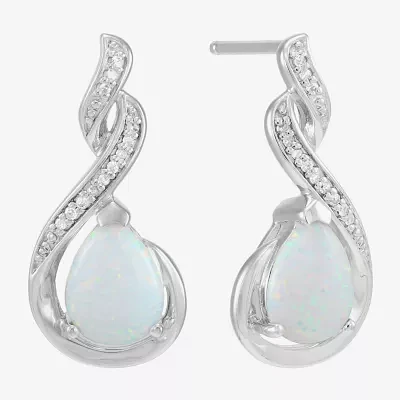 Diamond Accent Lab Created White Opal Sterling Silver Pear Drop Earrings