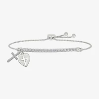 Lab Created White Sapphire Sterling Silver Cross Heart Bolo Bracelet