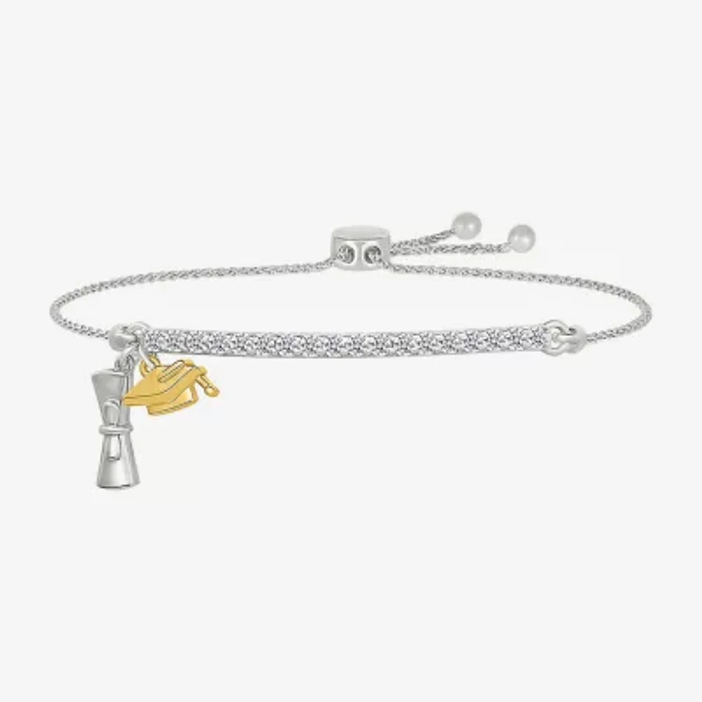 "Graduation Cap And Diploma" Womens Lab Created White Sapphire 10K Rose Gold Sterling Silver Bolo Bracelet