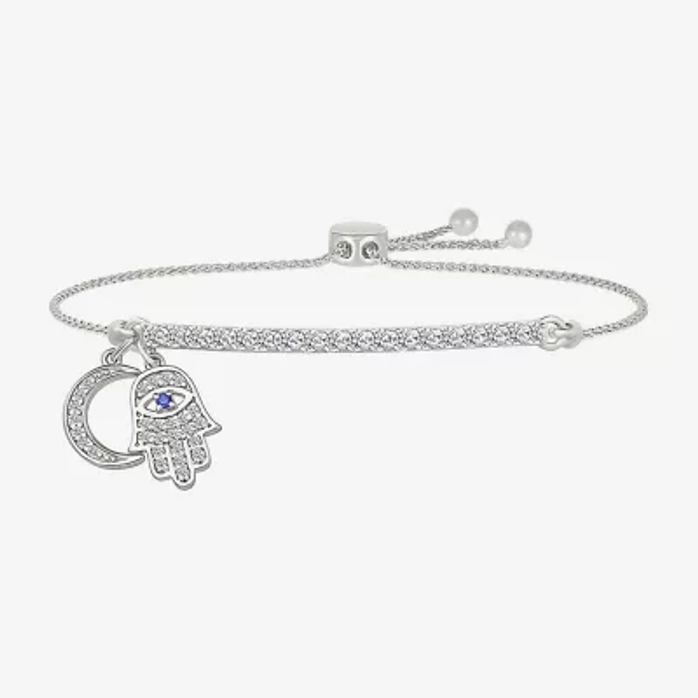 "Strong" Womens Lab Created Blue Sapphire Sterling Silver Hamsa Moon Bolo Bracelet