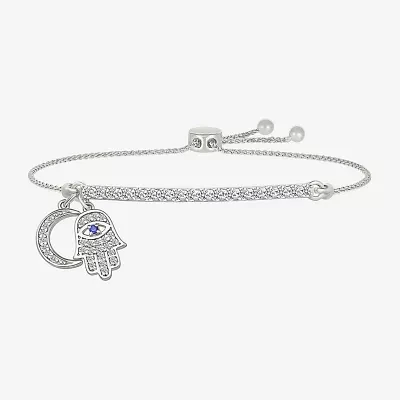 "Strong" Womens Lab Created Blue Sapphire Sterling Silver Hamsa Moon Bolo Bracelet