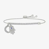 "Strong" Womens Lab Created Blue Sapphire Sterling Silver Hamsa Moon Bolo Bracelet