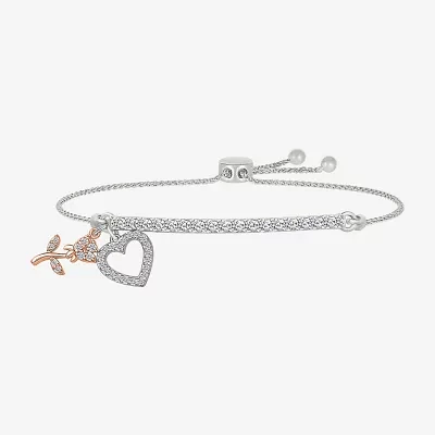 "Grandma" Lab Created White Sapphire 10K Rose Gold Sterling Silver Flower Heart Bolo Bracelet