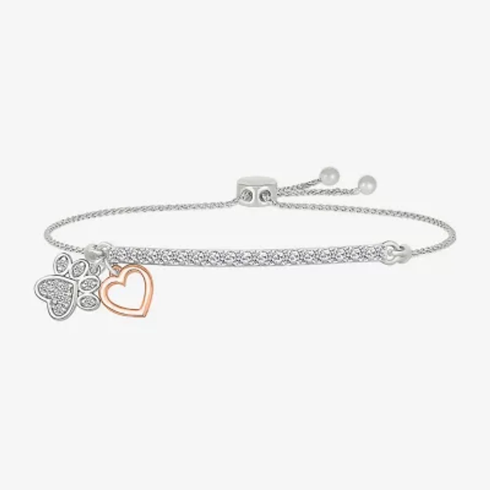 "Paw Print" Lab Created White Sapphire 10K Rose Gold Sterling Silver Heart Bolo Bracelet