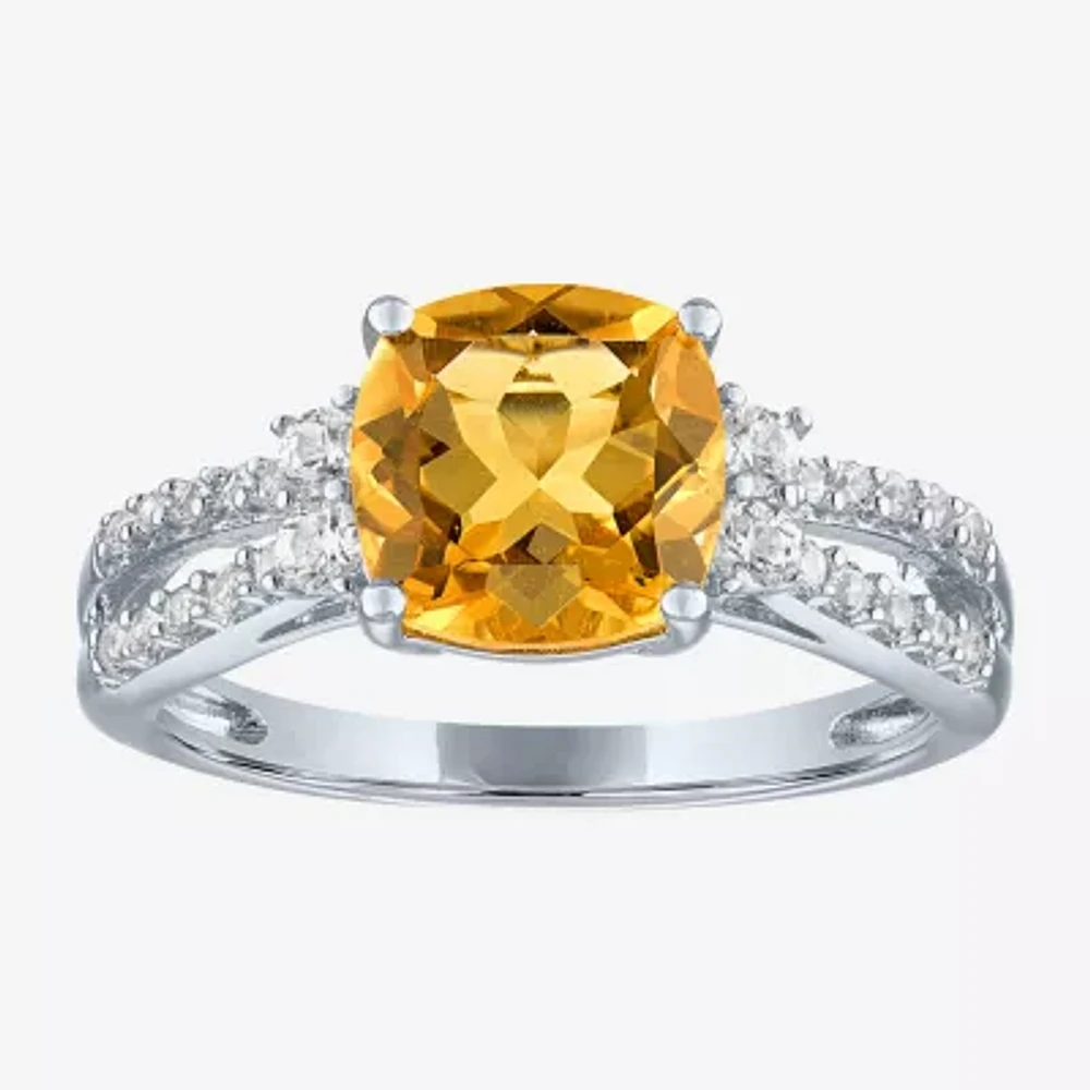 Womens Genuine Yellow Citrine Sterling Silver Side Stone Cocktail Ring