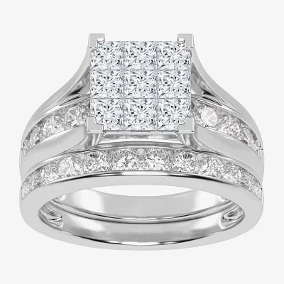 2 CT.T.W. Natural Princess & Round Diamond 10K or 14K White Gold Bridal Ring Set