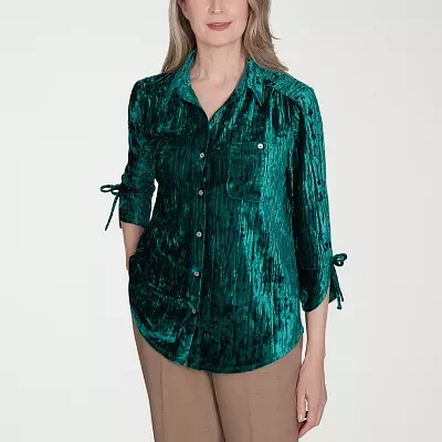 Alfred Dunner Emerald Isle Womens 3/4 Sleeve Regular Fit Button-Down Shirt