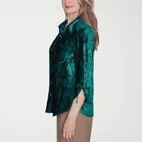 Alfred Dunner Emerald Isle Womens 3/4 Sleeve Regular Fit Button-Down Shirt