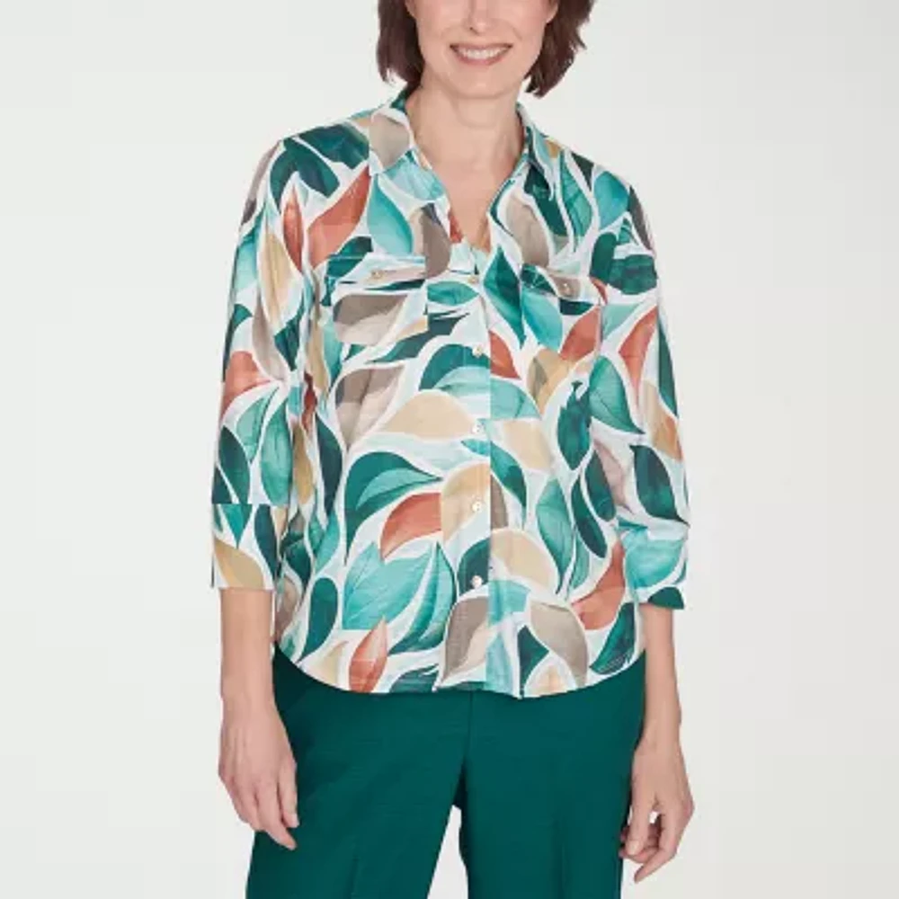 Alfred Dunner Emerald Isle Womens 3/4 Sleeve Regular Fit Button-Down Shirt