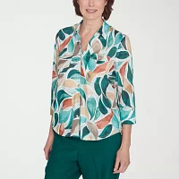 Alfred Dunner Emerald Isle Womens 3/4 Sleeve Regular Fit Button-Down Shirt