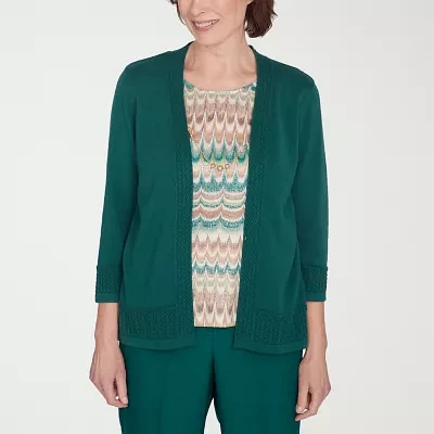 Alfred Dunner Emerald Isle Womens Round Neck 3/4 Sleeve Layered Sweaters