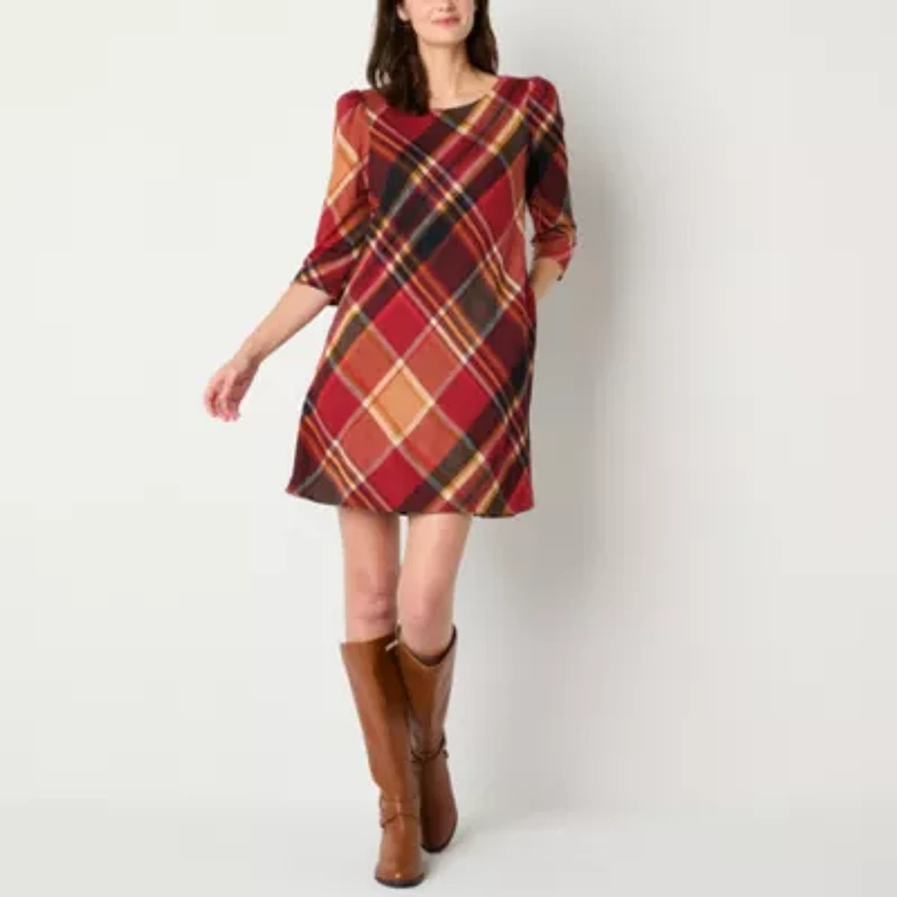 Jessica Howard Womens 3/4 Sleeve Plaid Shift Dress