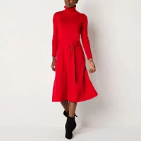 Maia Womens Long Sleeve Belted Midi Sweater Dress