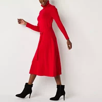 Maia Womens Long Sleeve Belted Midi Sweater Dress