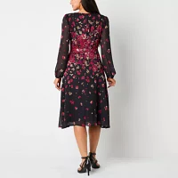 R & K Originals Womens Long Sleeve Floral Midi Fit + Flare Dress