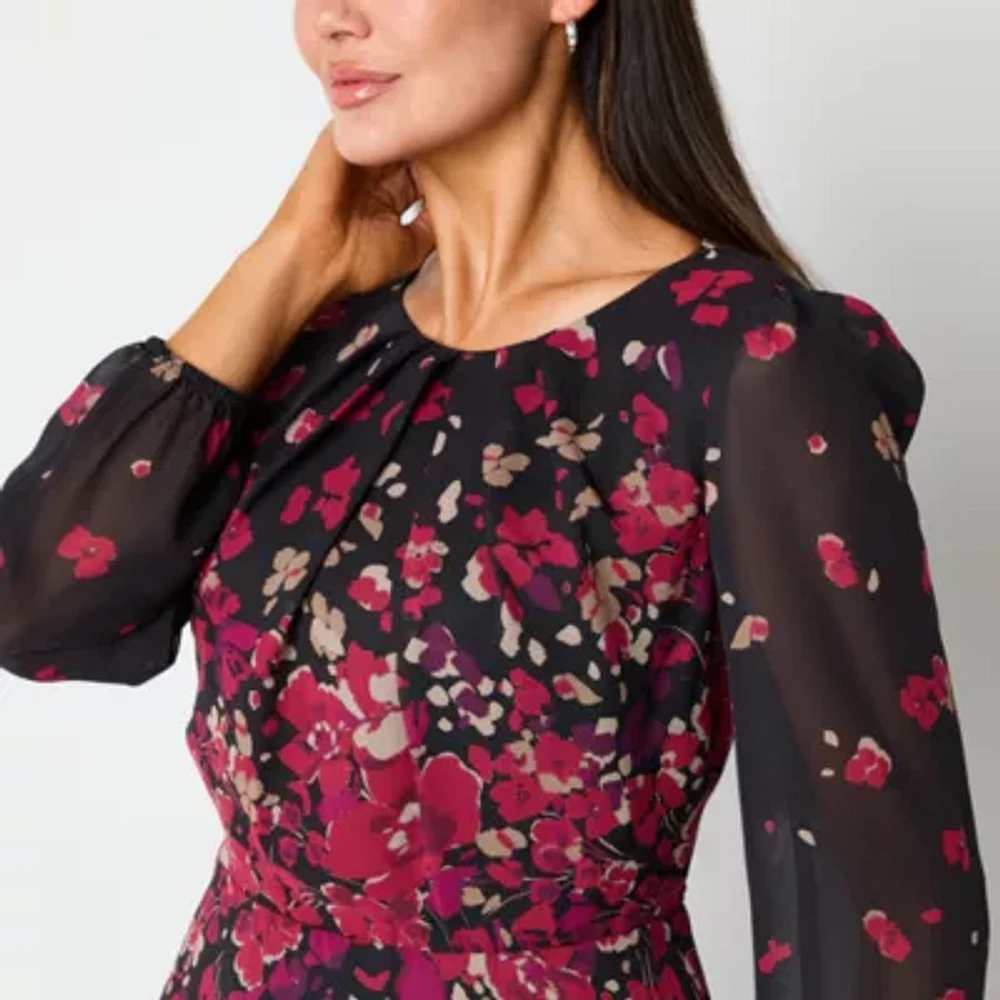 R & K Originals Womens Long Sleeve Floral Midi Fit + Flare Dress