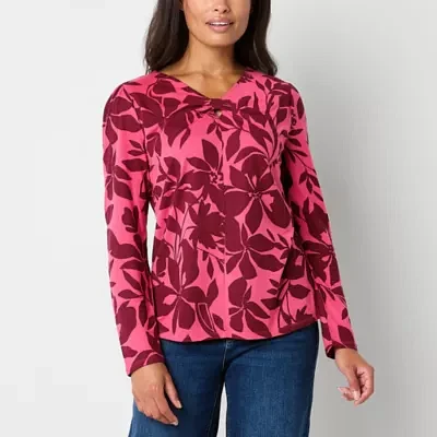 Liz Claiborne Womens Keyhole Neck Long Sleeve Blouse