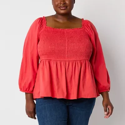 St. John's Bay Plus Womens Square Neck Long Sleeve Blouse