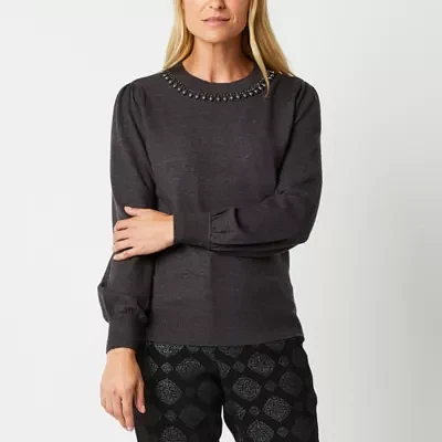 Liz Claiborne Womens Crew Neck Embellished Long Sleeve Pullover Sweater