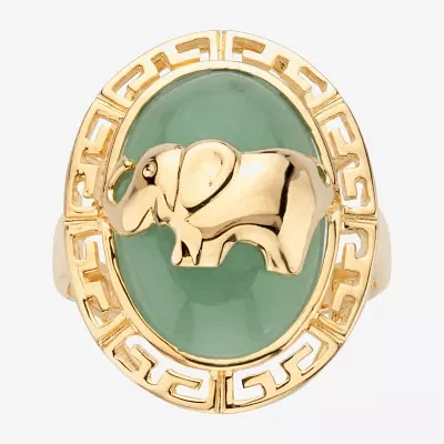 Elephant 3MM Genuine Green Jade 14K Gold Over Silver Band