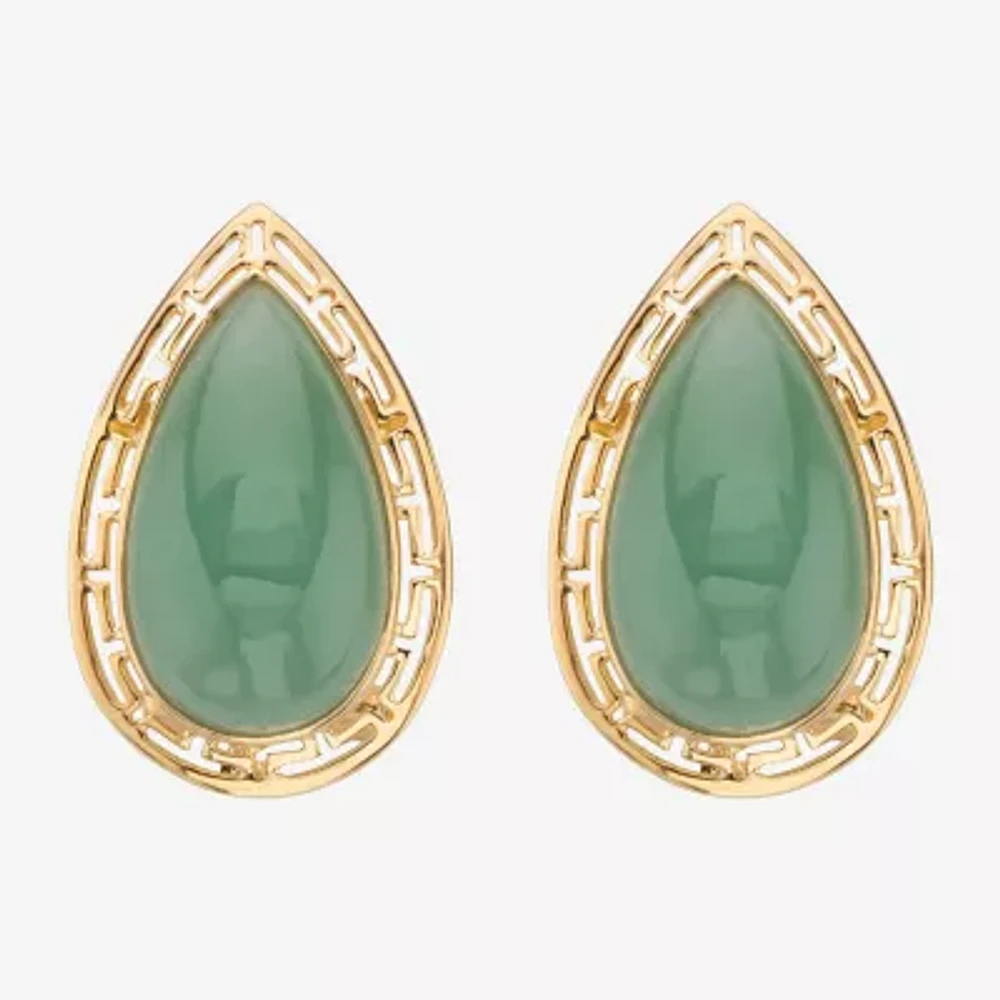 Genuine Green Jade 14K Gold Over Silver 25mm Pear Stud Earrings