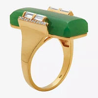 Womens Genuine Green Jade 18K Gold Over Silver Rectangular Cocktail Ring