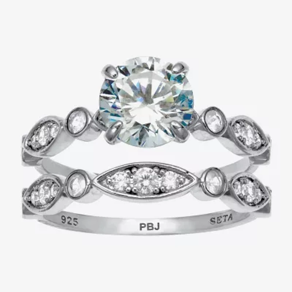 Diamonart Womens 2 1/2 CT. T.W. White Cubic Zirconia Platinum Over Silver Round Bridal Set