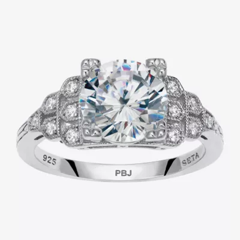 Diamonart Womens 3 CT. T.W. White Cubic Zirconia Platinum Over Silver Round Engagement Ring