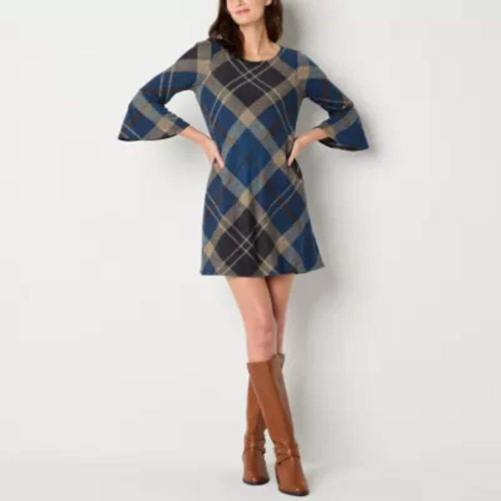 Jessica Howard Womens 3/4 Sleeve Plaid Shift Dress